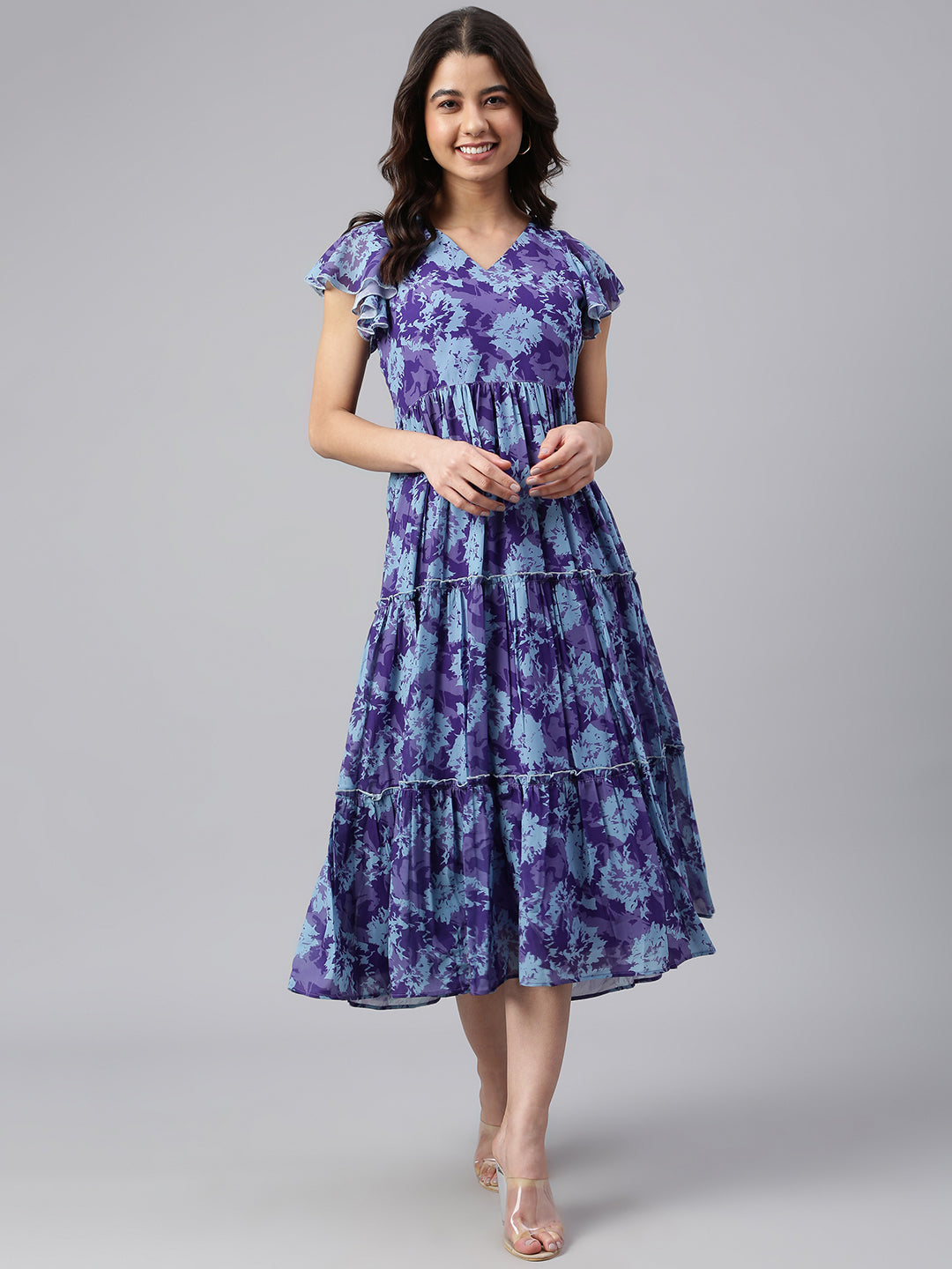 Janasya Women's Blue Georgette Printed Flared Western Dress 