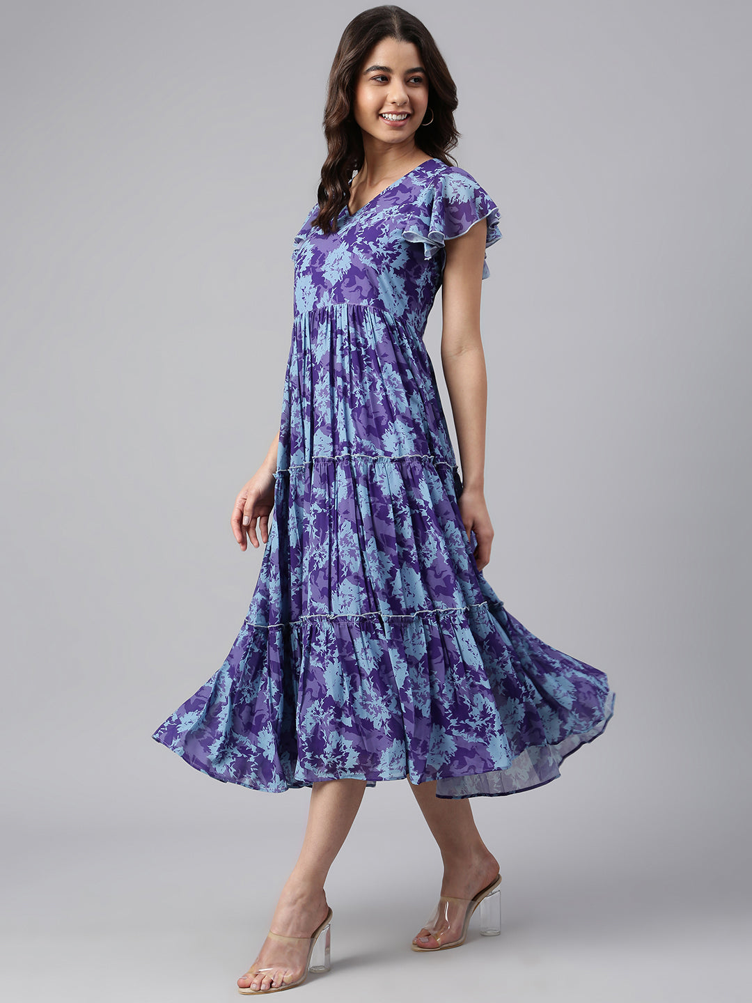 Janasya Women's Blue Georgette Printed Flared Western Dress 