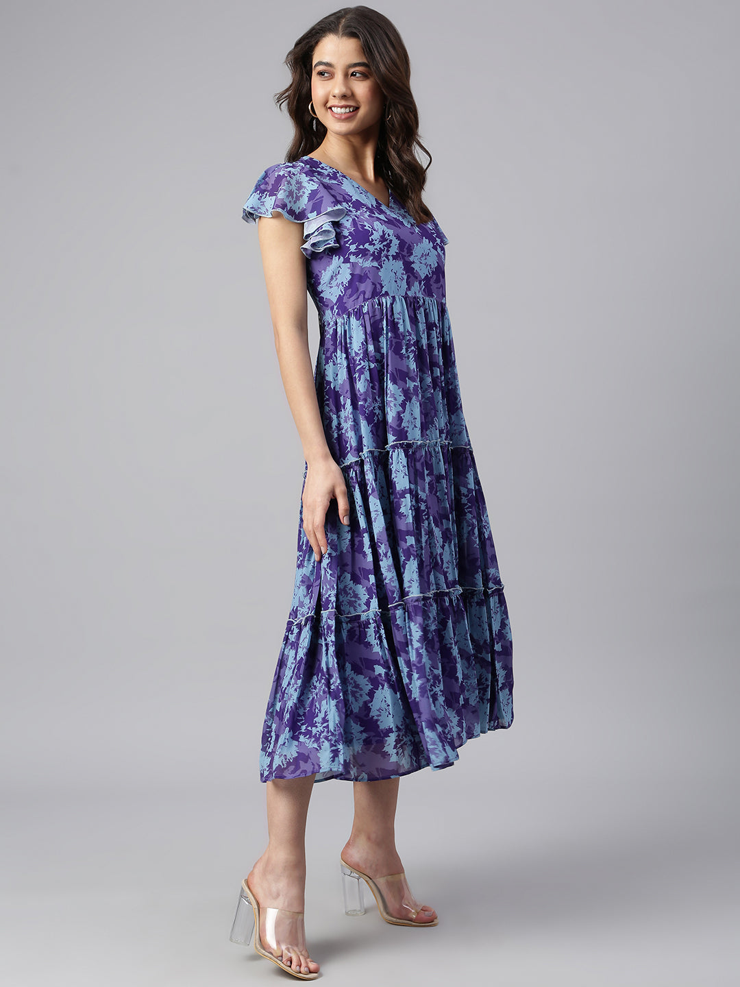 Janasya Women's Blue Georgette Printed Flared Western Dress 