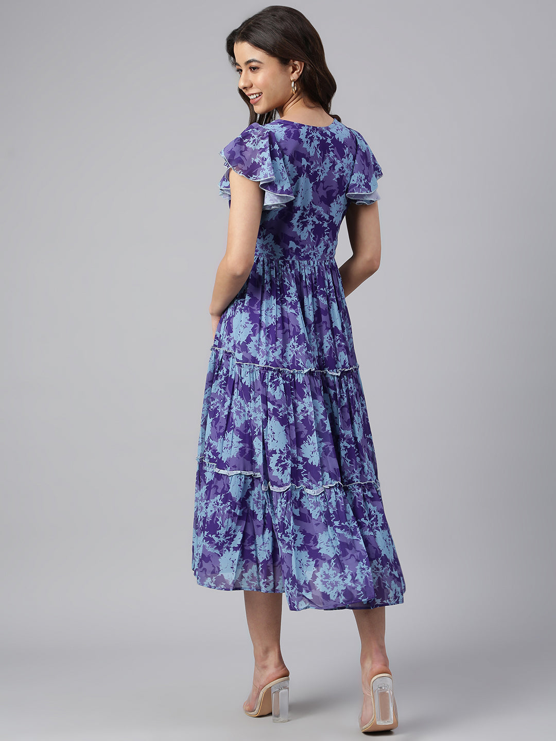 Janasya Women's Blue Georgette Printed Flared Western Dress 