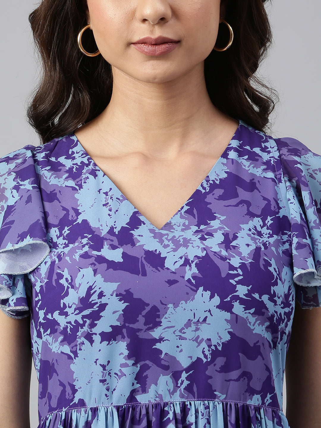 Janasya Women's Blue Georgette Printed Flared Western Dress 