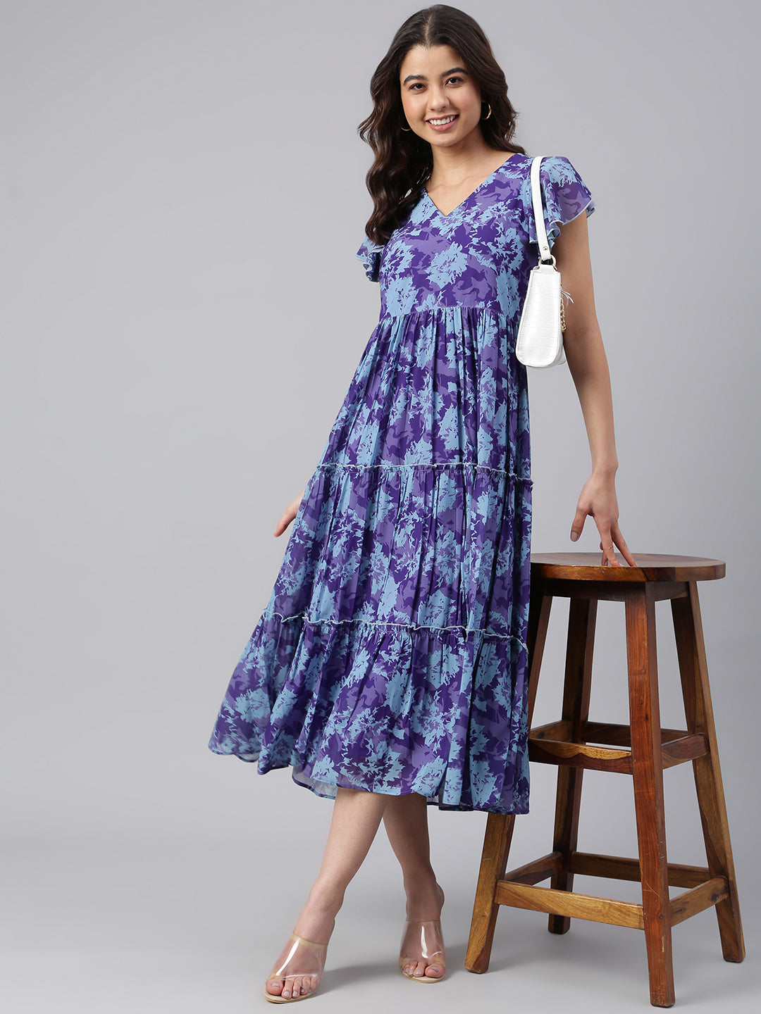 Janasya Women's Blue Georgette Printed Flared Western Dress 