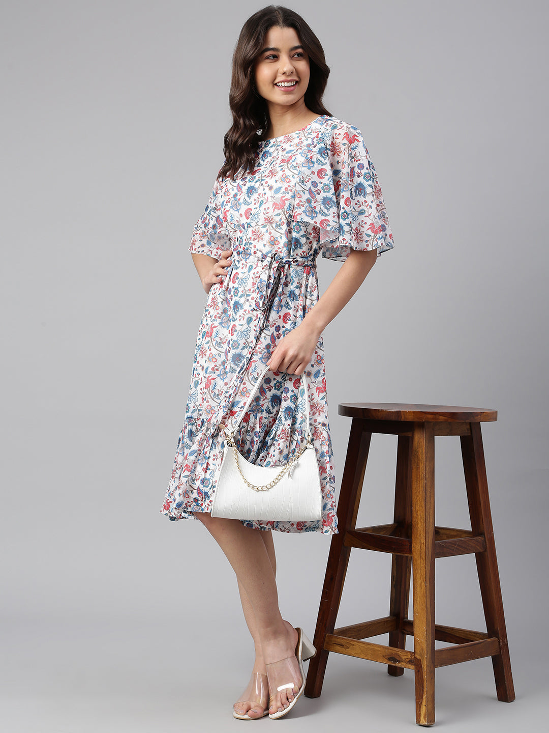 Janasya Women's White Georgette Floral Printed Flared Western Dress 