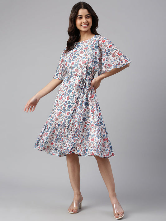 Janasya Women's White Georgette Floral Printed Flared Western Dress 