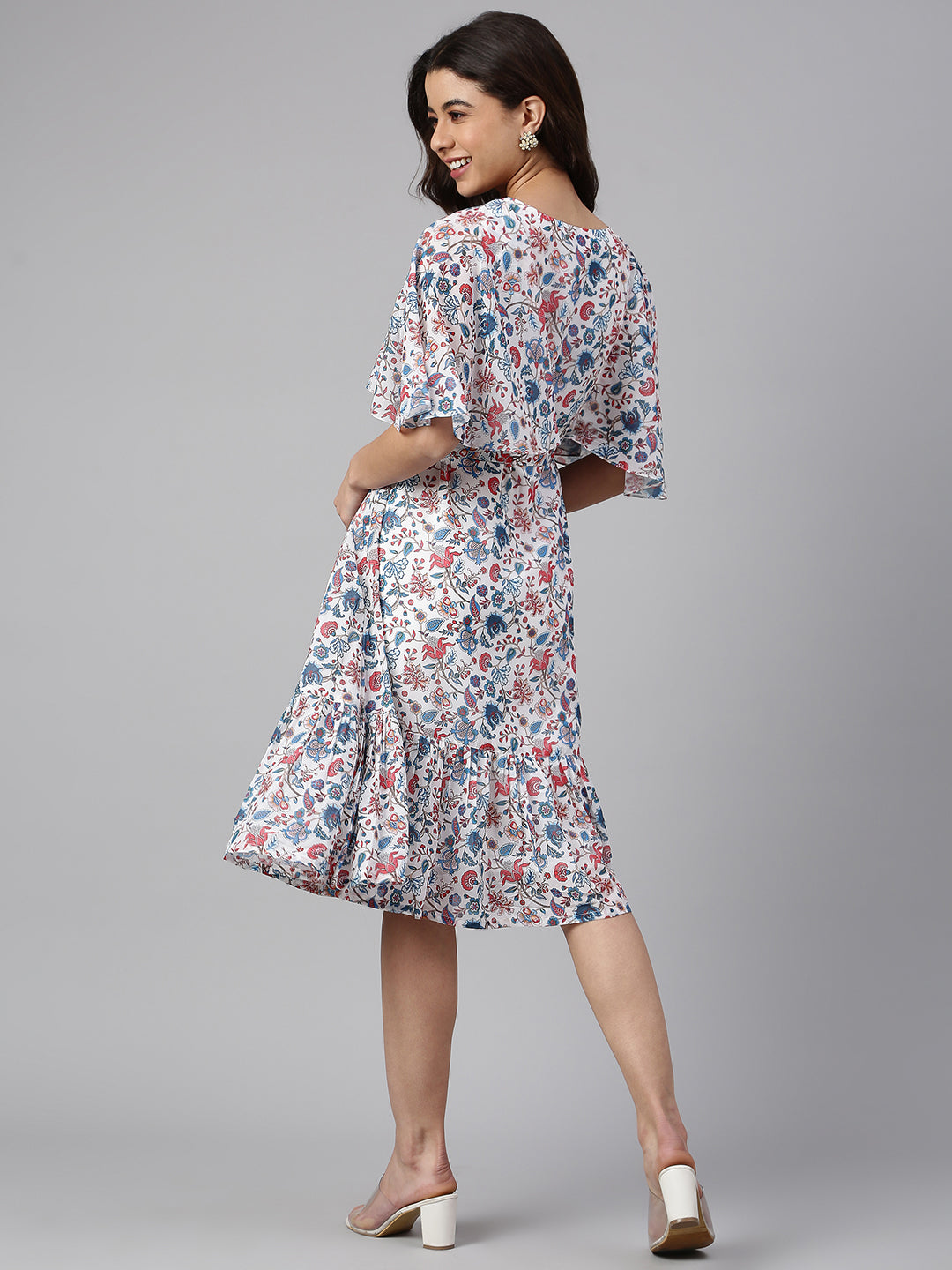 Janasya Women's White Georgette Floral Printed Flared Western Dress 