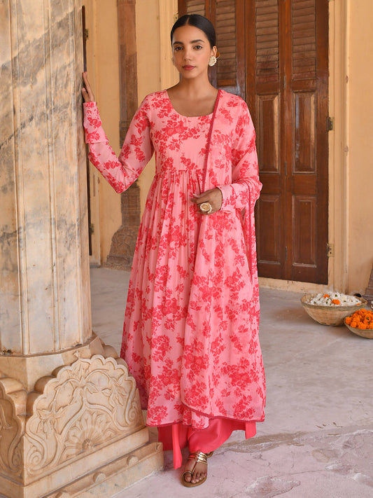 Janasya Women's Peach Georgette Floral Print Kurta With Flared Palazzo And Dupatta 