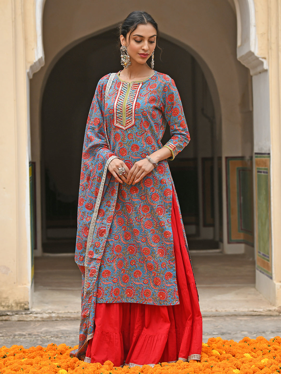 Janasya Women's Sky Blue Cotton Floral Block Print Kurta With Gharara And Dupatta 