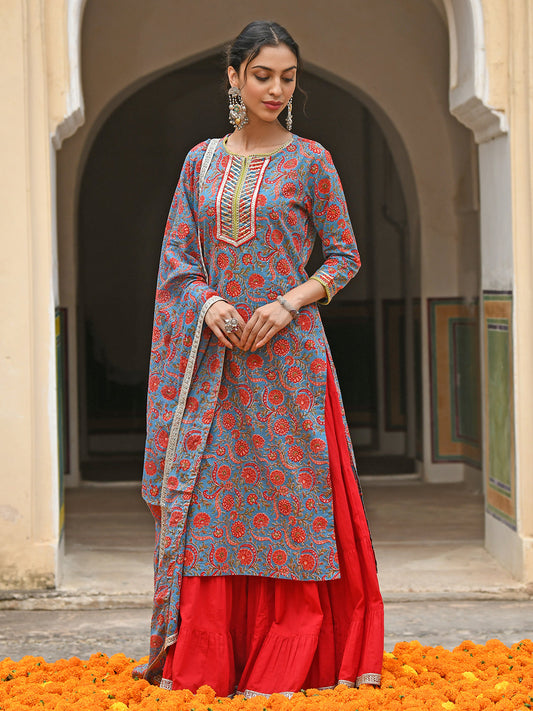Janasya Women's Sky Blue Cotton Floral Block Print Kurta With Gharara And Dupatta 