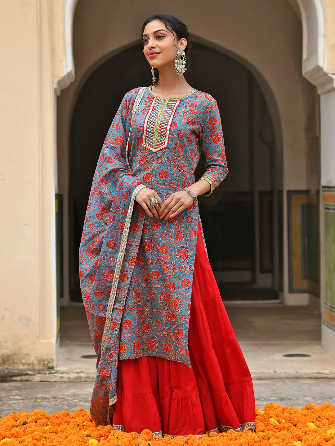 Janasya Women's Sky Blue Cotton Floral Block Print Kurta With Gharara And Dupatta 