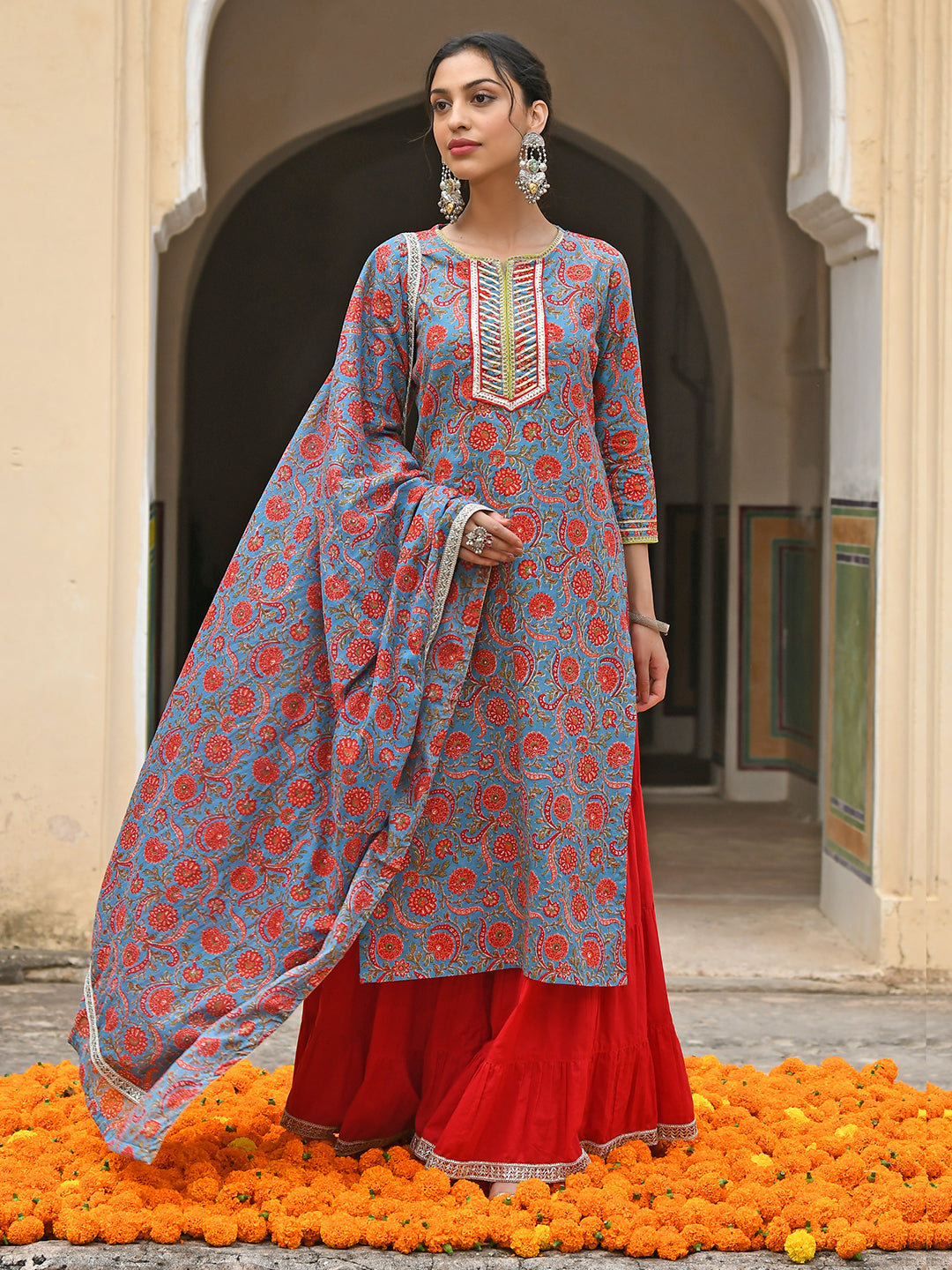 Janasya Women's Sky Blue Cotton Floral Block Print Kurta With Gharara And Dupatta 
