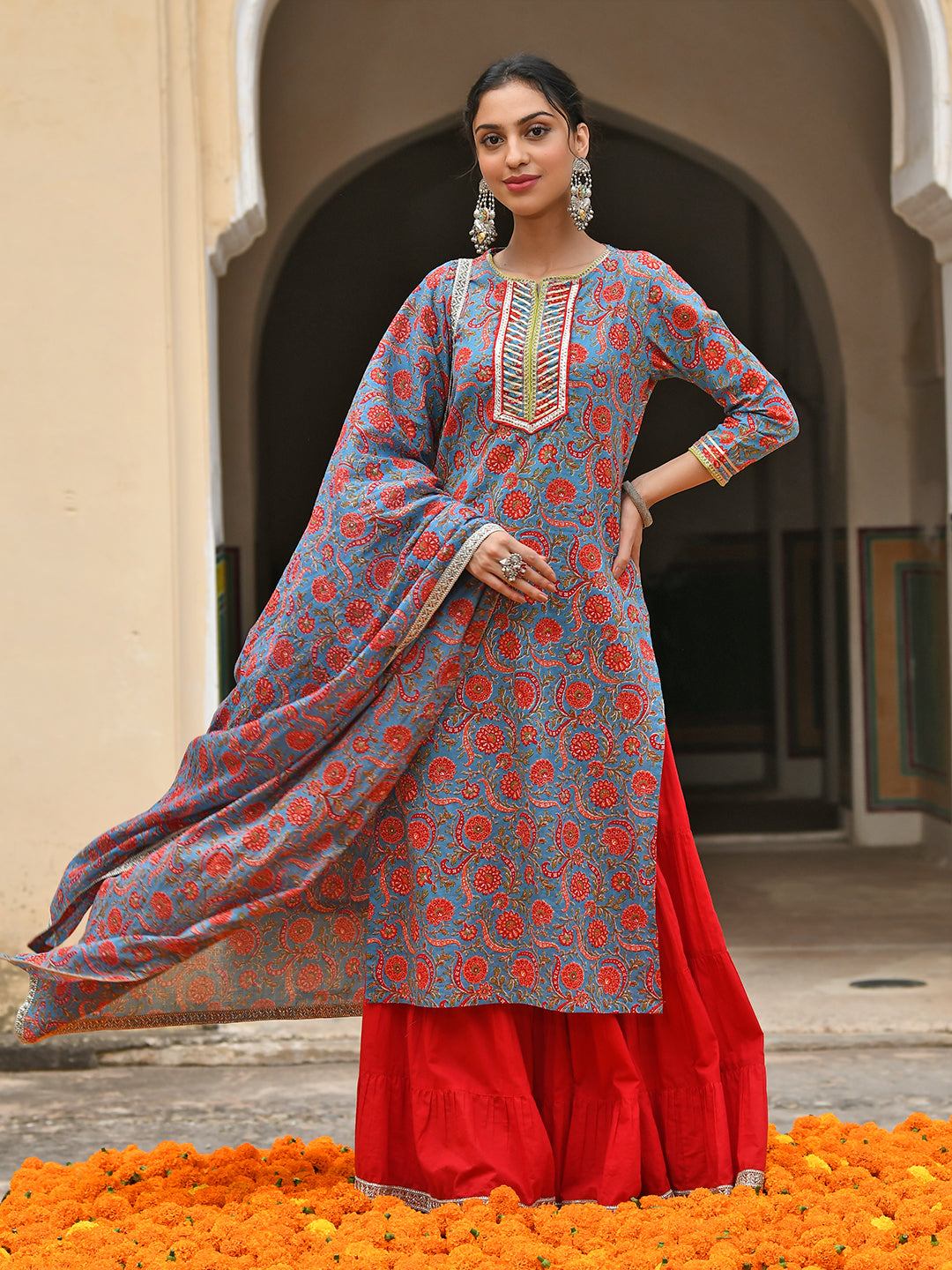 Janasya Women's Sky Blue Cotton Floral Block Print Kurta With Gharara And Dupatta 