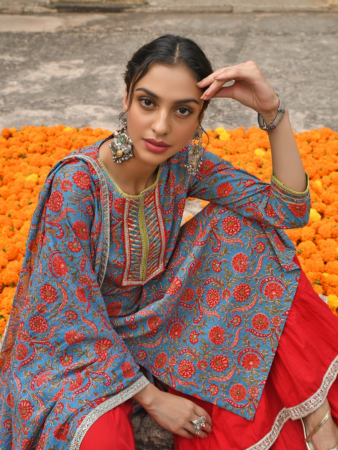 Janasya Women's Sky Blue Cotton Floral Block Print Kurta With Gharara And Dupatta 