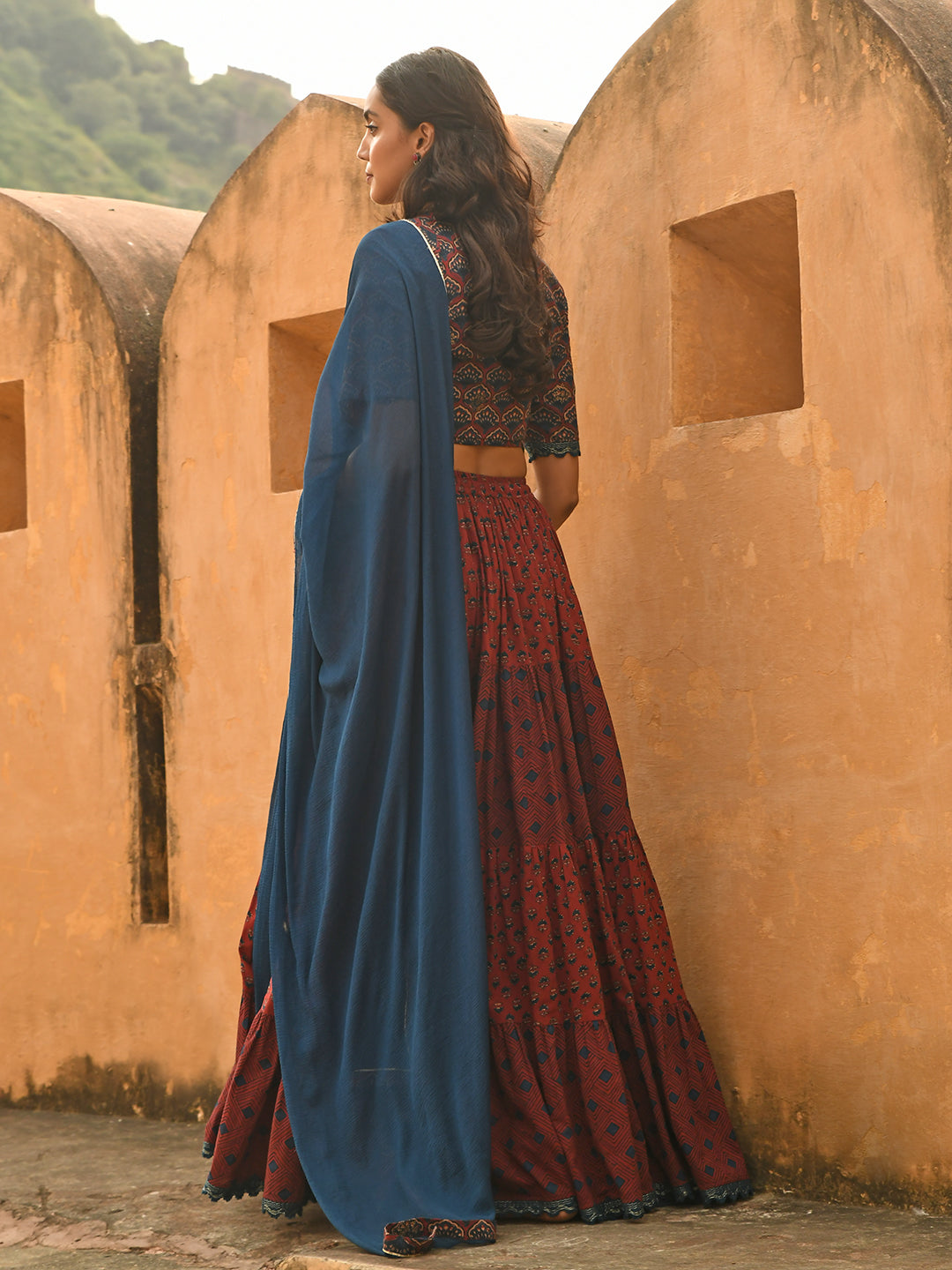 Janasya Women's Maroon Cotton Block Print Lehenga Choli With Dupatta 