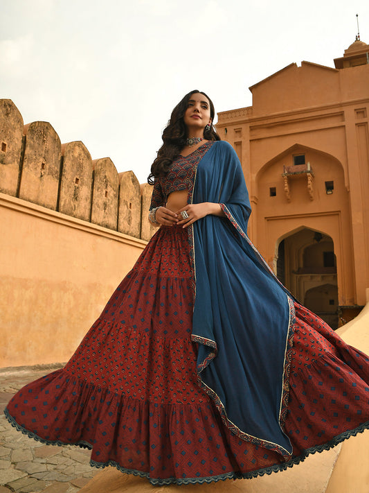 Janasya Women's Maroon Cotton Block Print Lehenga Choli With Dupatta 