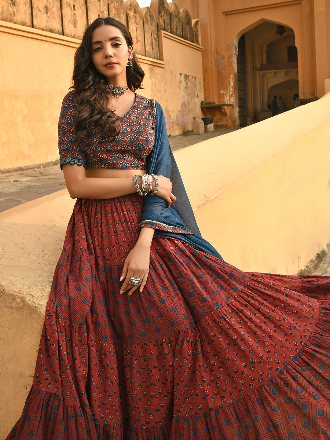 Janasya Women's Maroon Cotton Block Print Lehenga Choli With Dupatta 