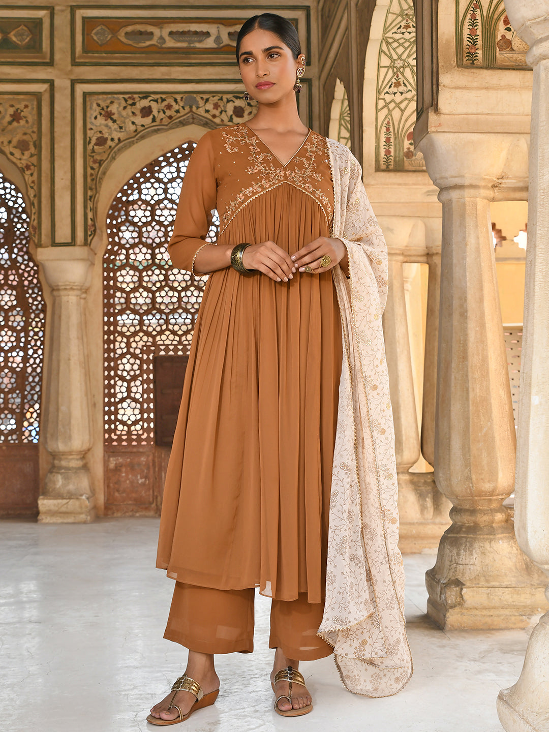 Janasya Women's Brown Georgette Floral Embroidery Kurta With Palazzo And Dupatta 