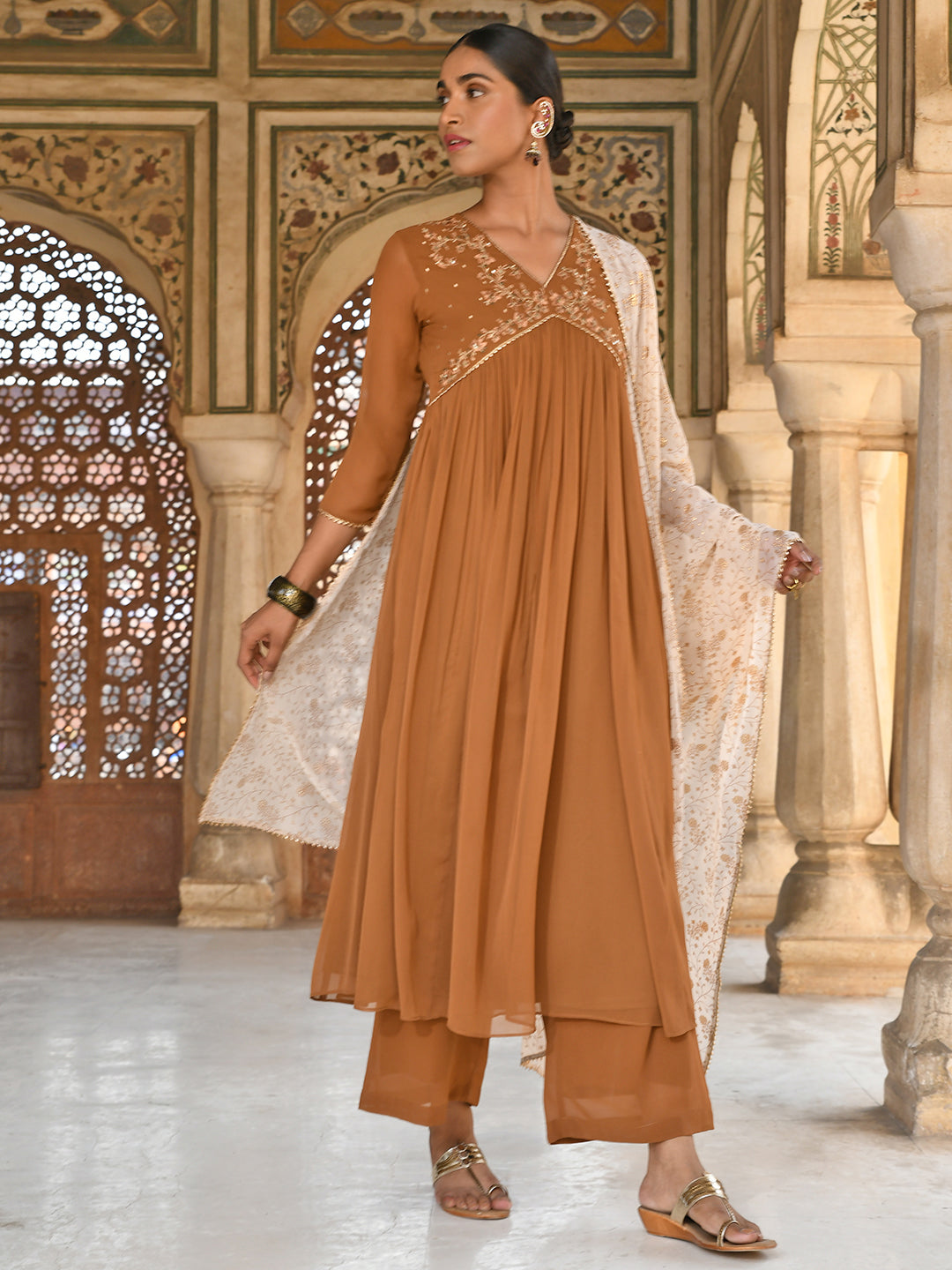 Janasya Women's Brown Georgette Floral Embroidery Kurta With Palazzo And Dupatta 