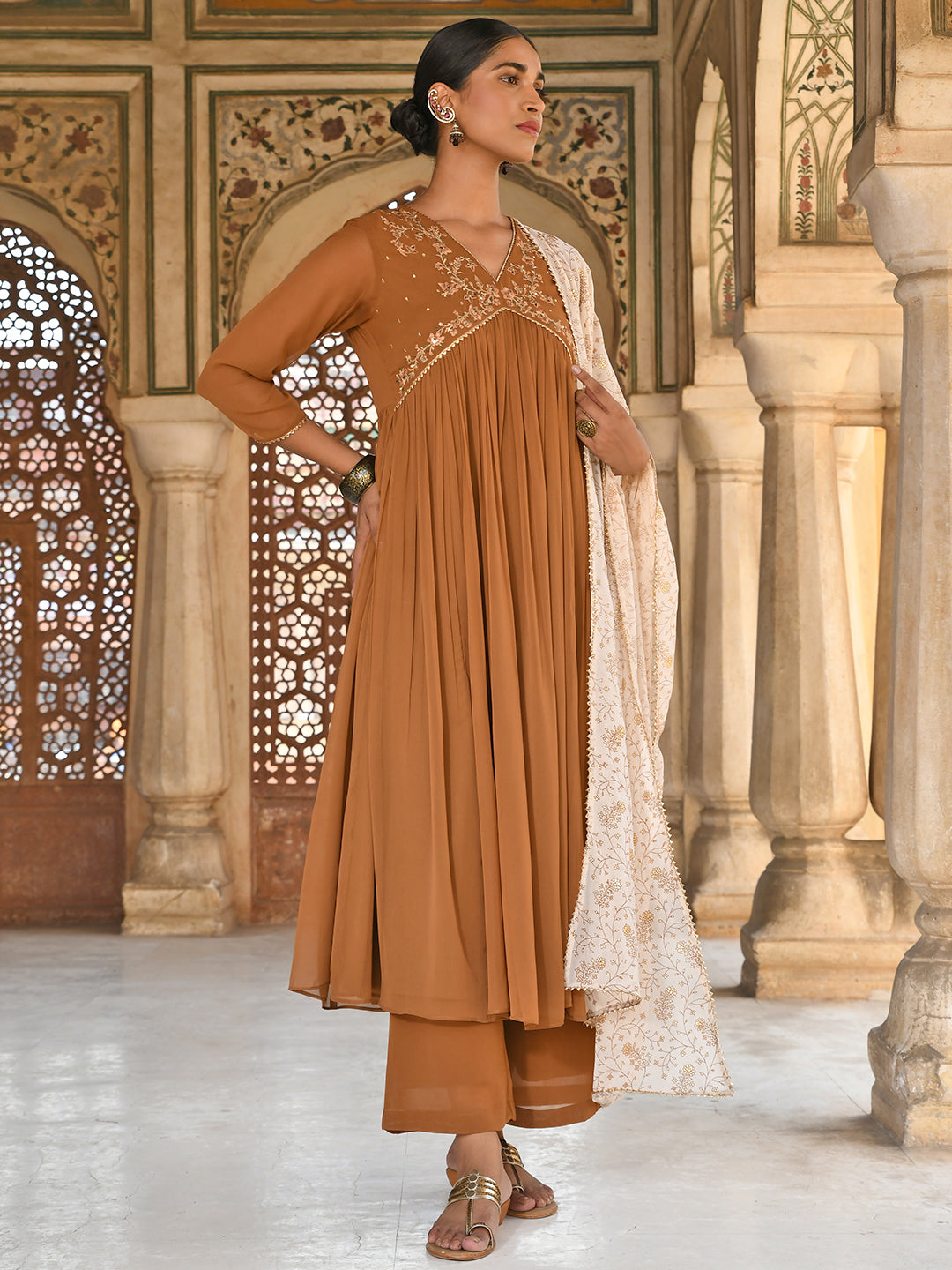 Janasya Women's Brown Georgette Floral Embroidery Kurta With Palazzo And Dupatta 