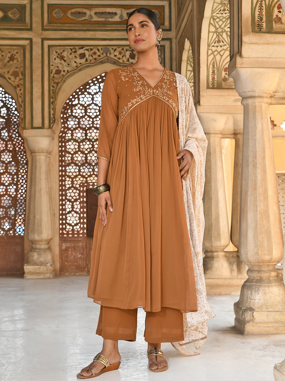 Janasya Women's Brown Georgette Floral Embroidery Kurta With Palazzo And Dupatta 
