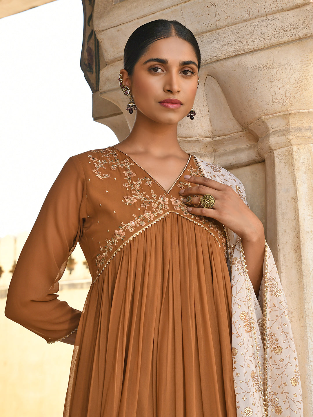 Janasya Women's Brown Georgette Floral Embroidery Kurta With Palazzo And Dupatta 