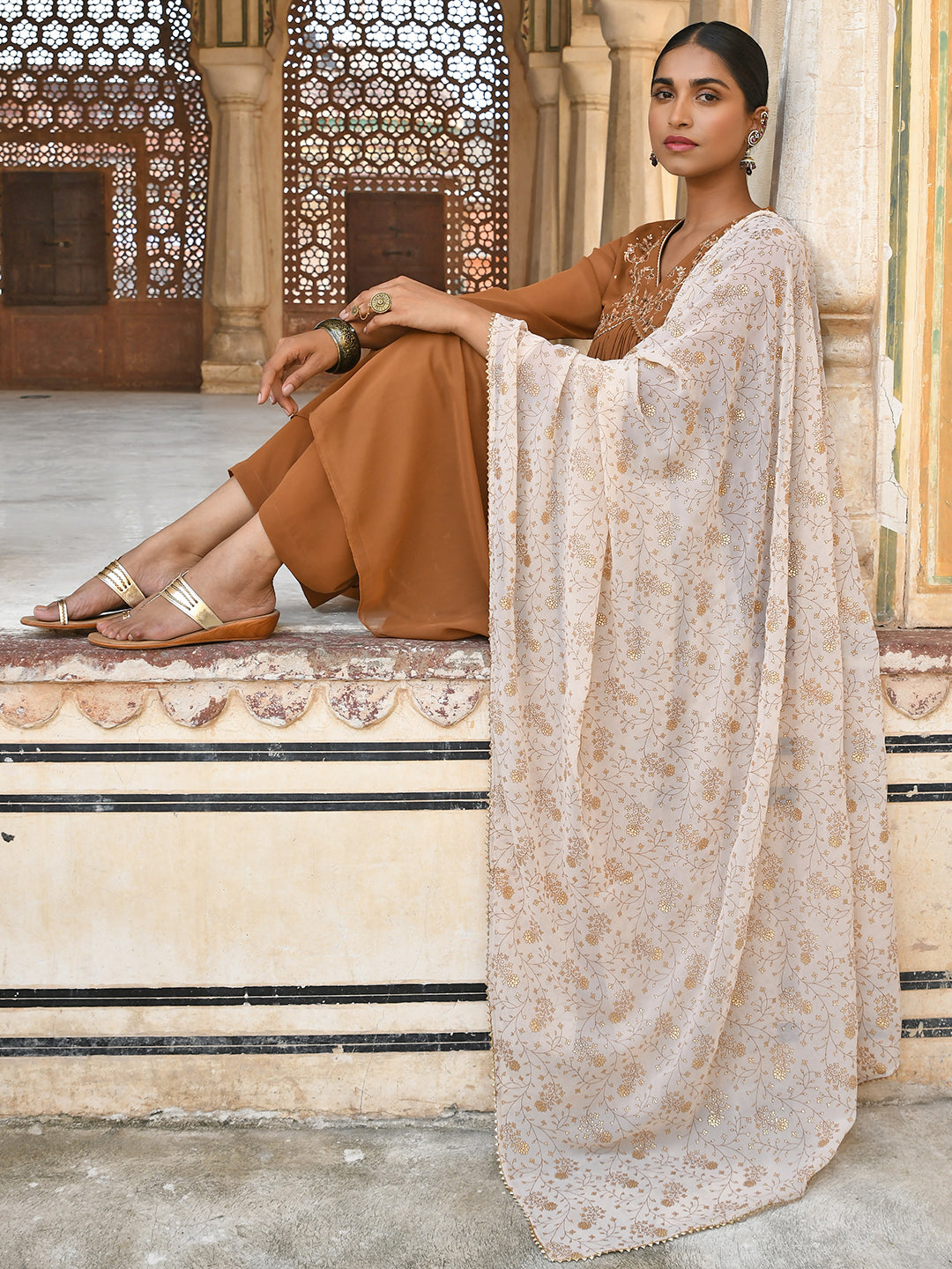Janasya Women's Brown Georgette Floral Embroidery Kurta With Palazzo And Dupatta 