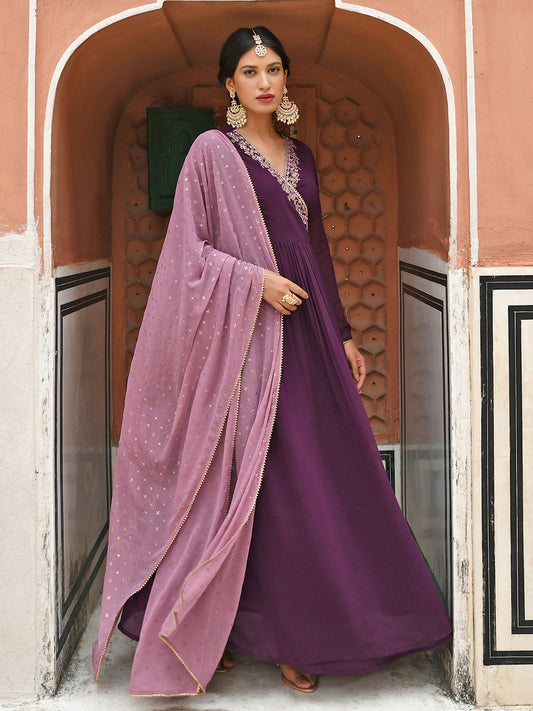 Janasya Women's Wine Georgette Solid Kurta With Dupatta 