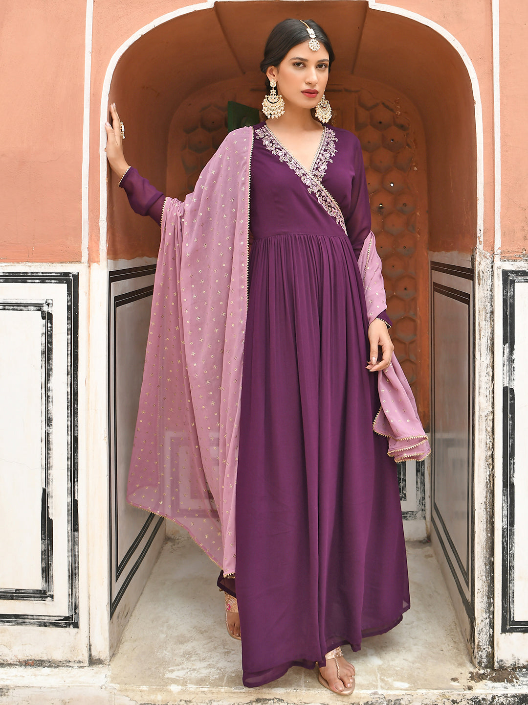 Janasya Women's Wine Georgette Solid Kurta With Dupatta 