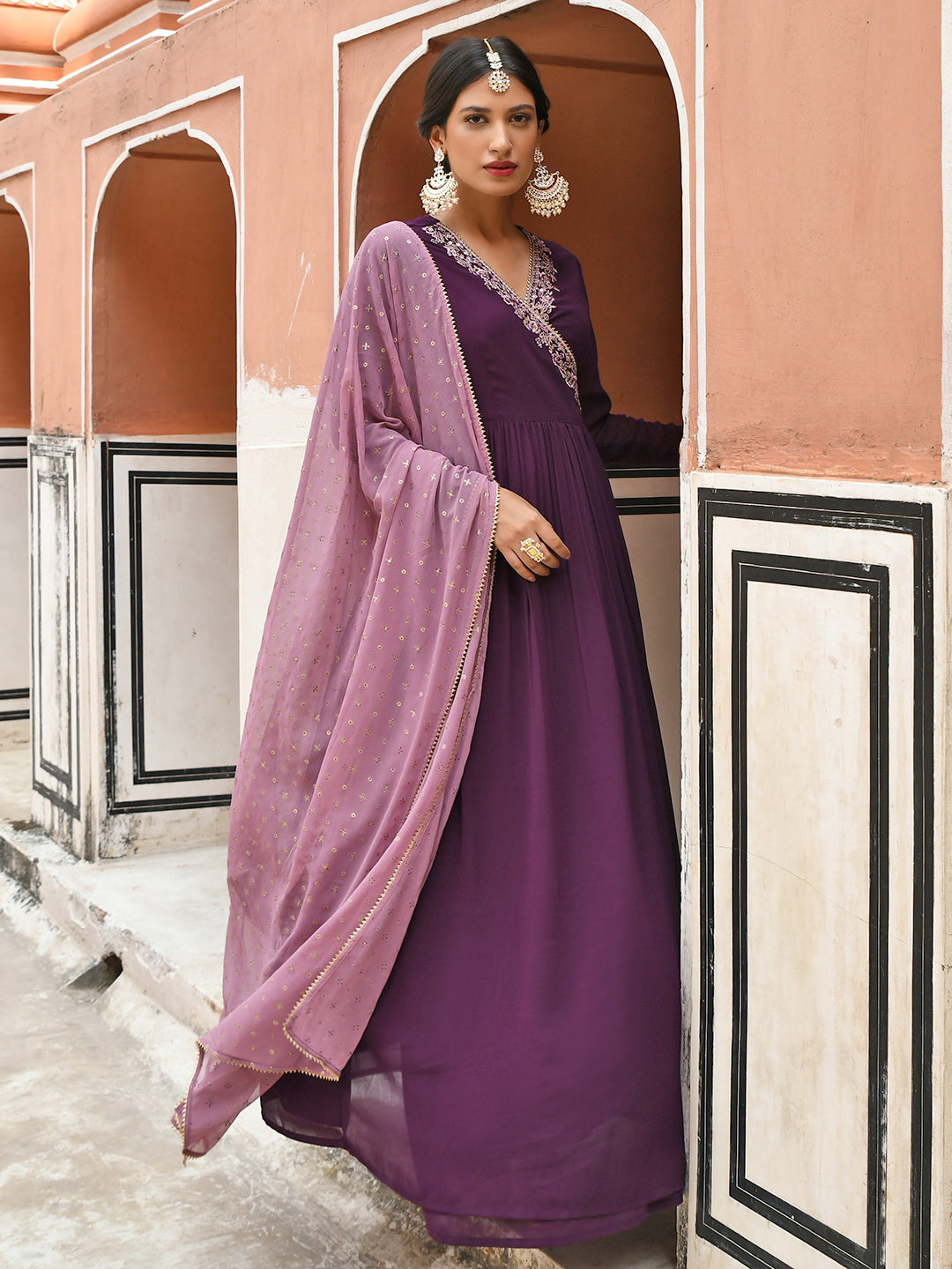 Janasya Women's Wine Georgette Solid Kurta With Dupatta 
