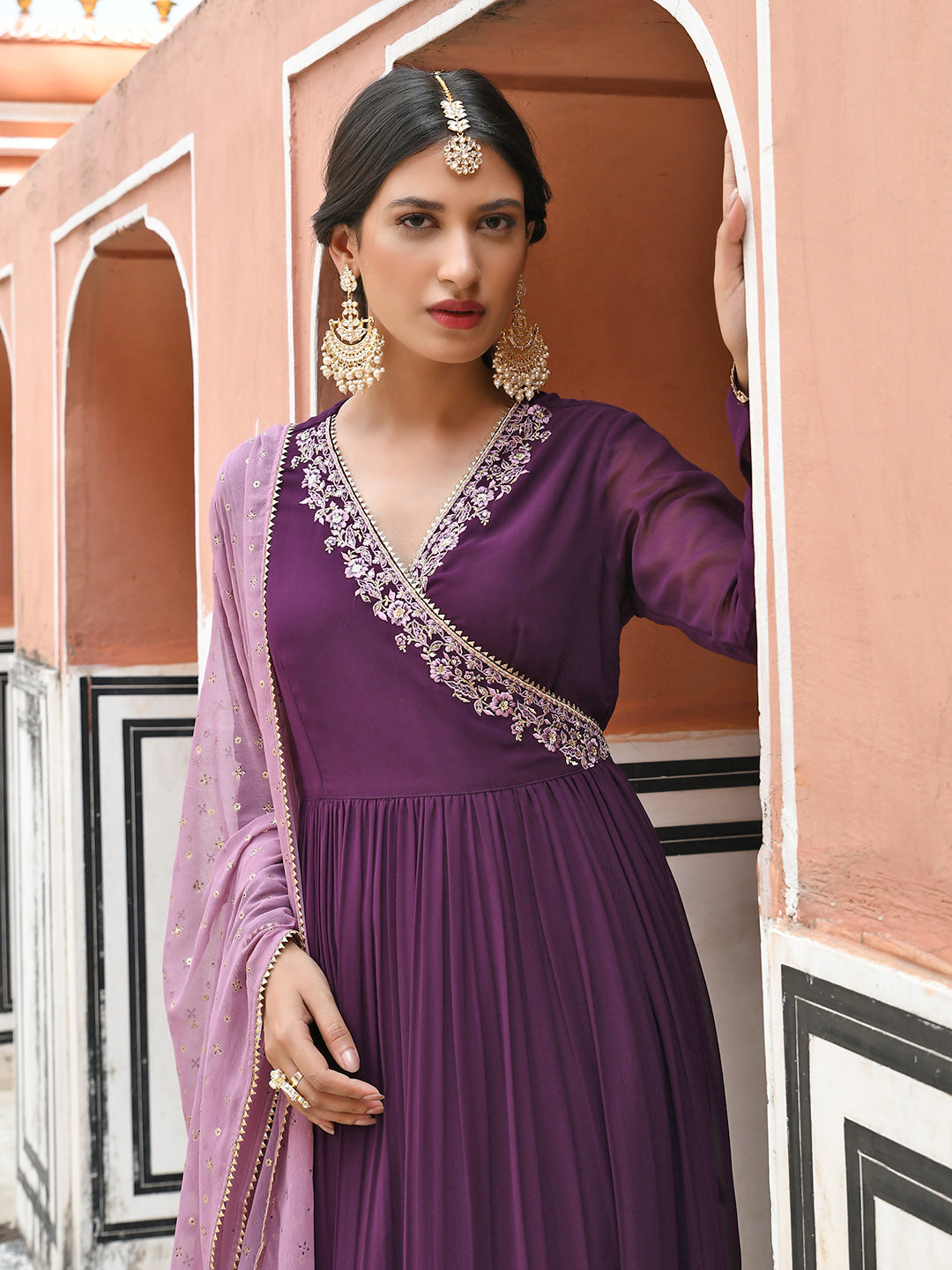 Janasya Women's Wine Georgette Solid Kurta With Dupatta 