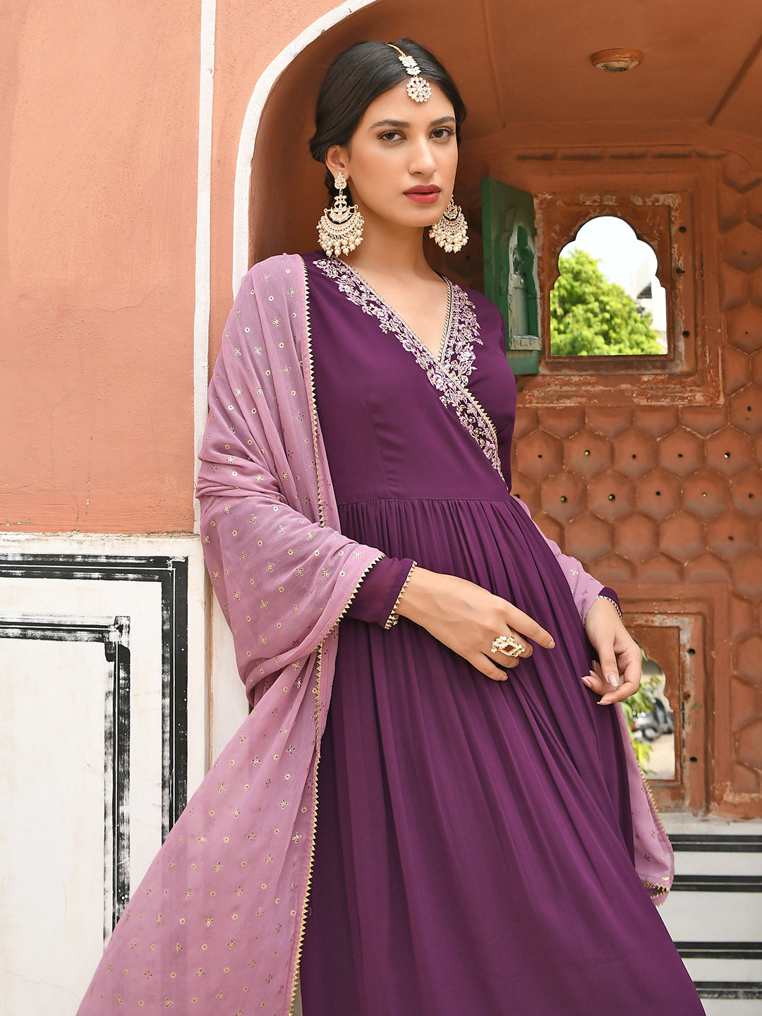 Janasya Women's Wine Georgette Solid Kurta With Dupatta 