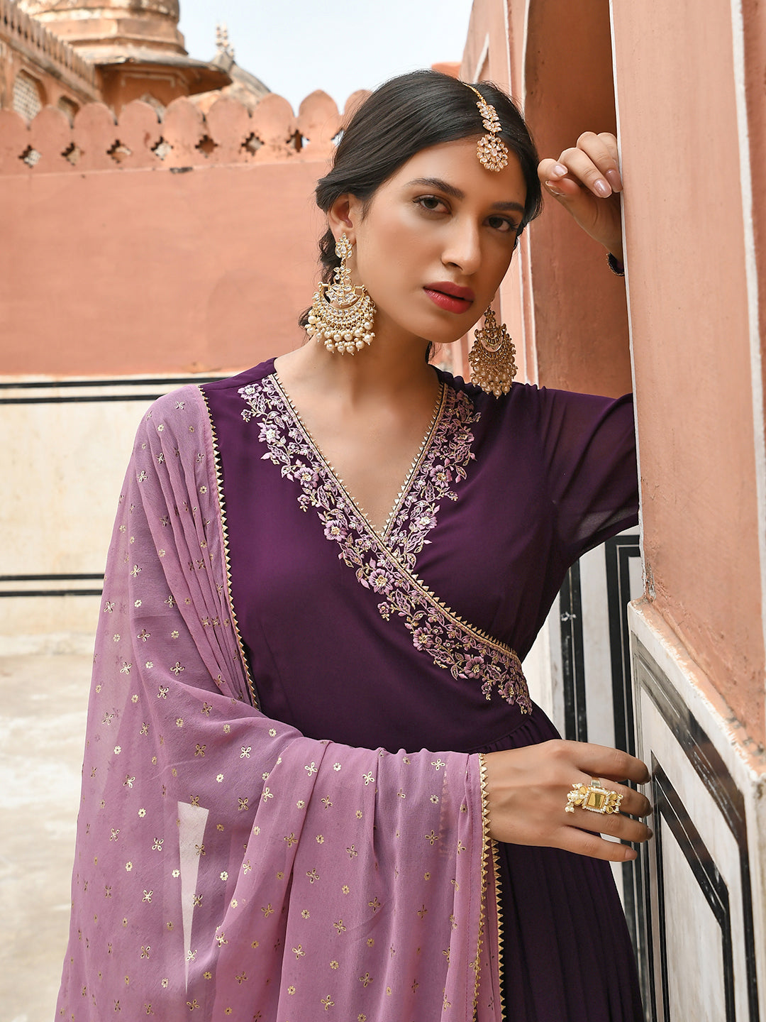 Janasya Women's Wine Georgette Solid Kurta With Dupatta 