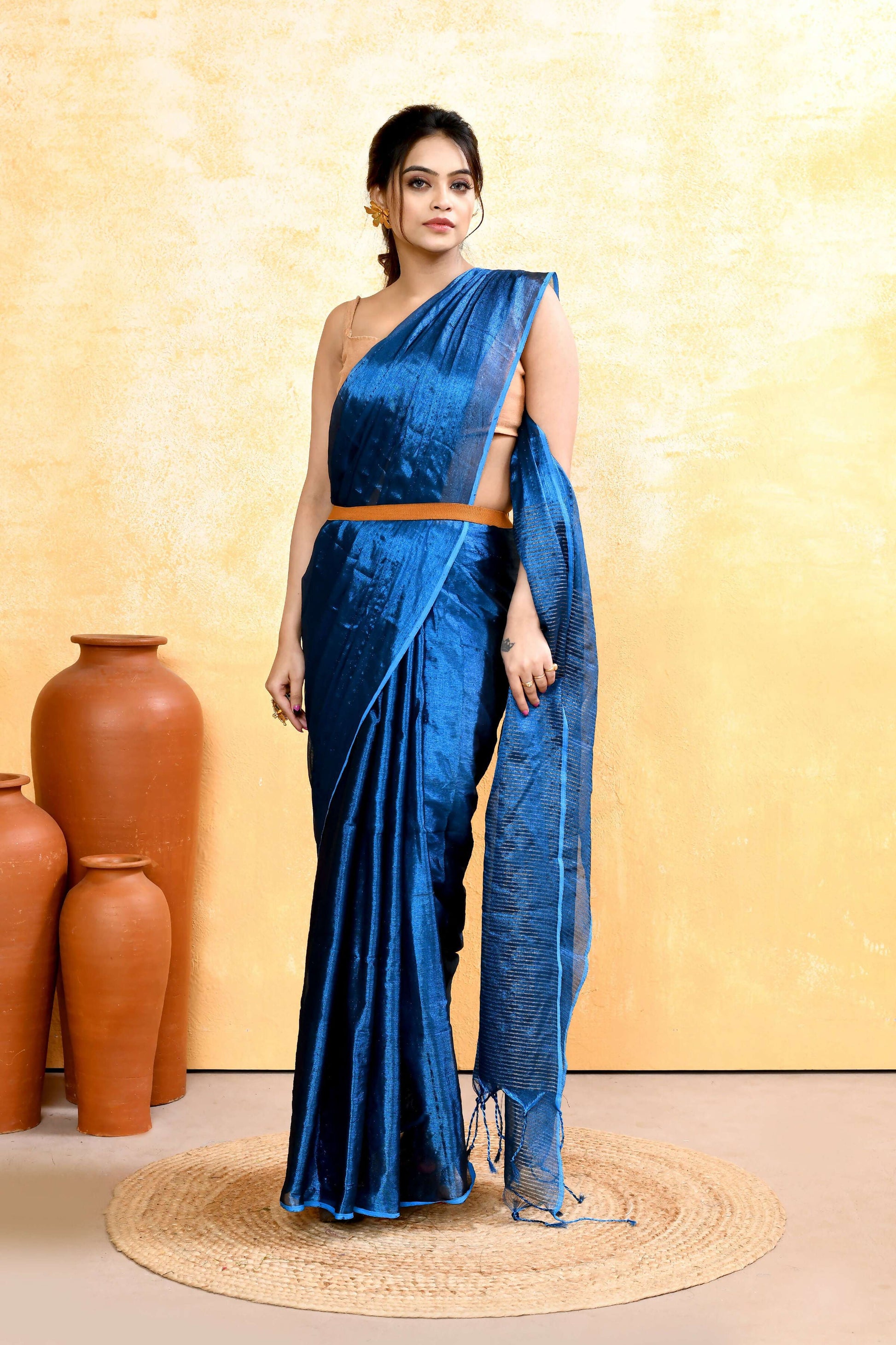Piyari Fashion Women's Blue Dual Tone Organic Tissue Saree With Blouse Piece