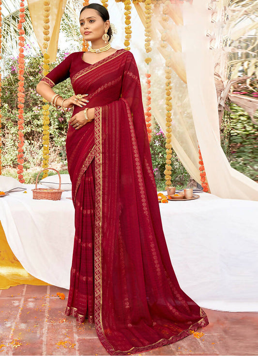 Maroon Georgette Foil Printed Saree with Unstitched Blouse Piece - Avika