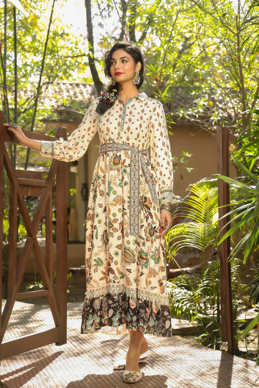 Juniper Women Ivory Rayon Printed Tiered Dress