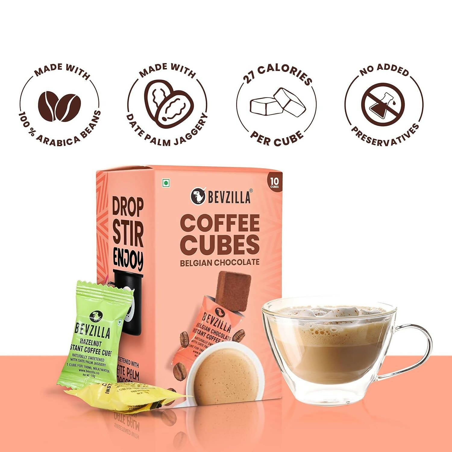 Bevzilla Instant Coffee Cubes Pack with Organic Date Palm Jaggery - Belgian Chocolate 