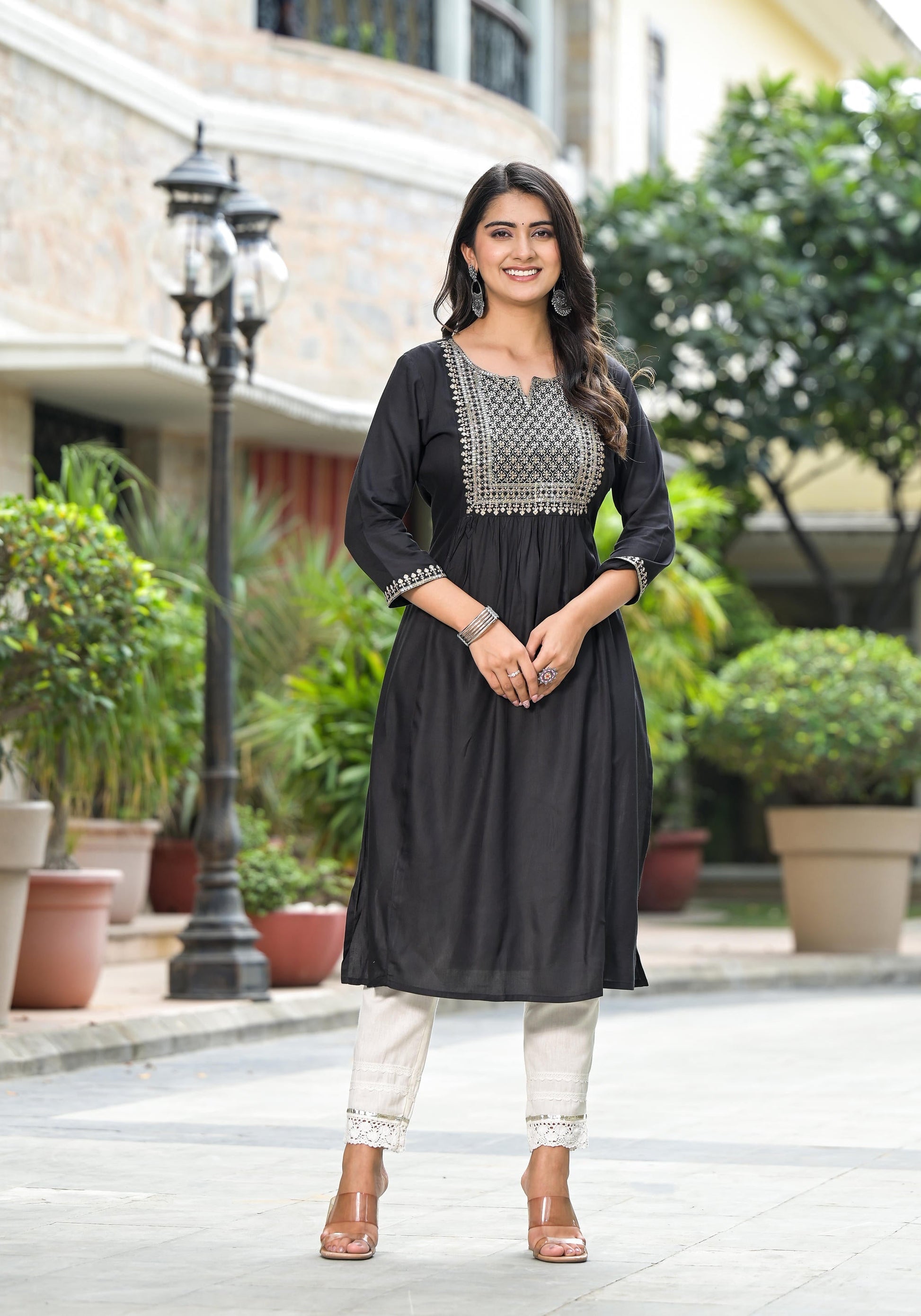 Juniper Women's Black Solid Rayon Kurta With Zari & Sequins