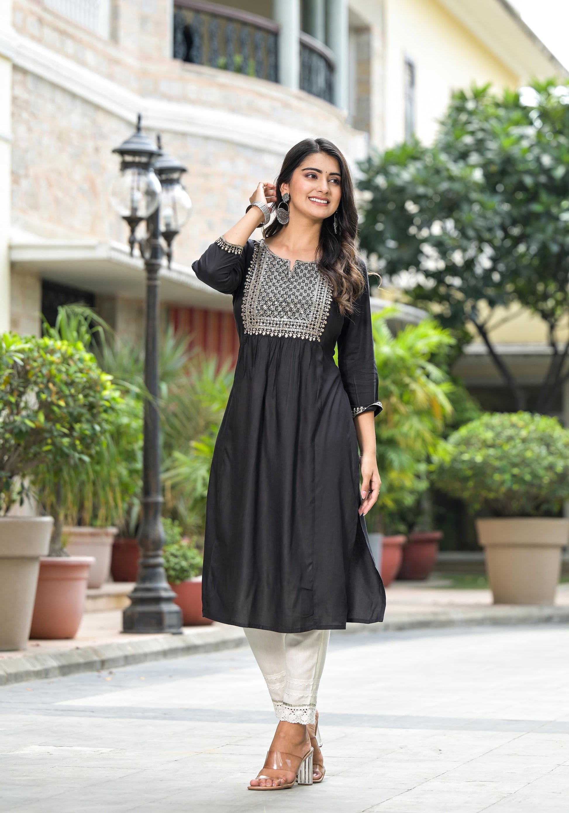 Juniper Women's Black Solid Rayon Kurta With Zari & Sequins