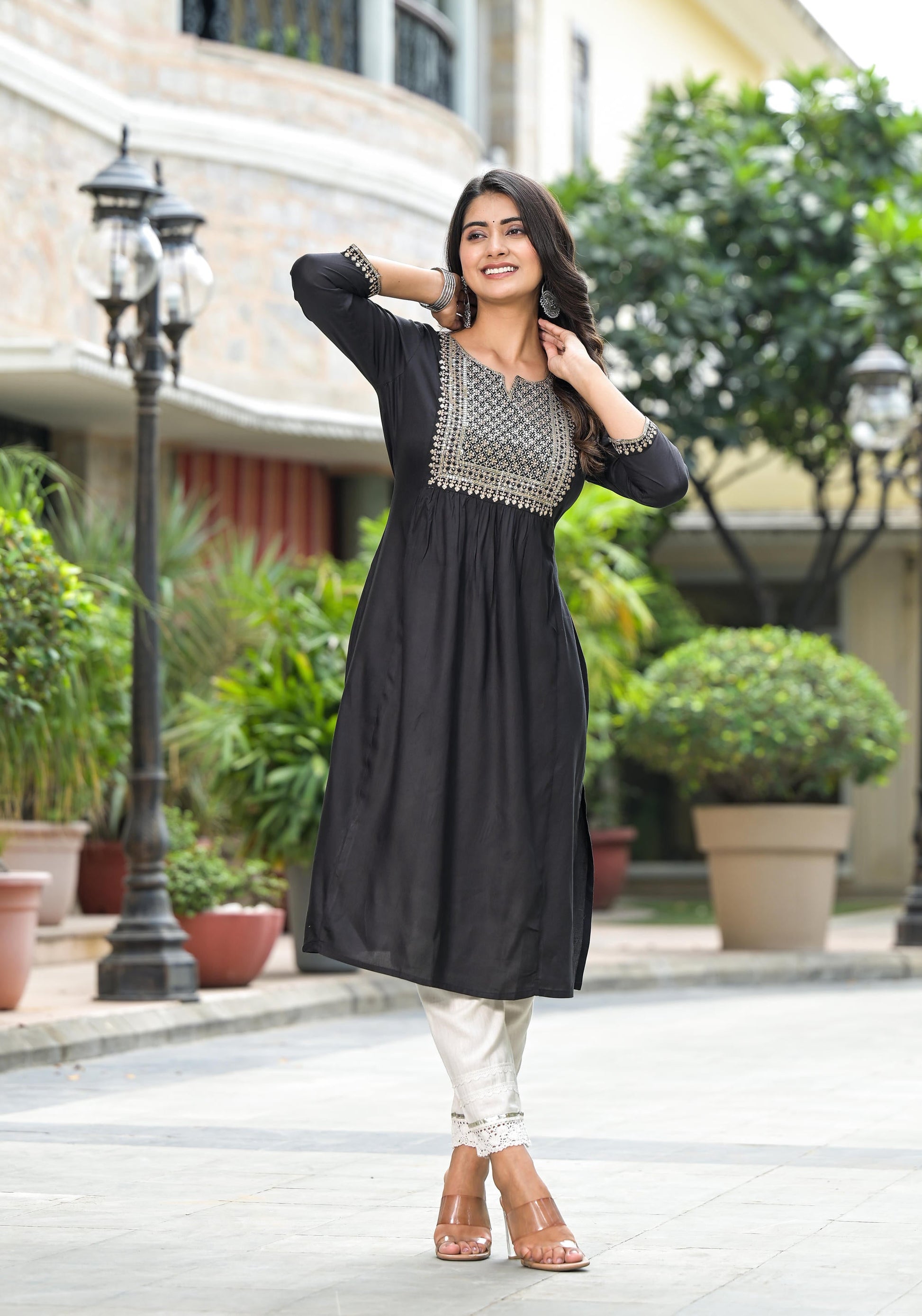 Juniper Women's Black Solid Rayon Kurta With Zari & Sequins