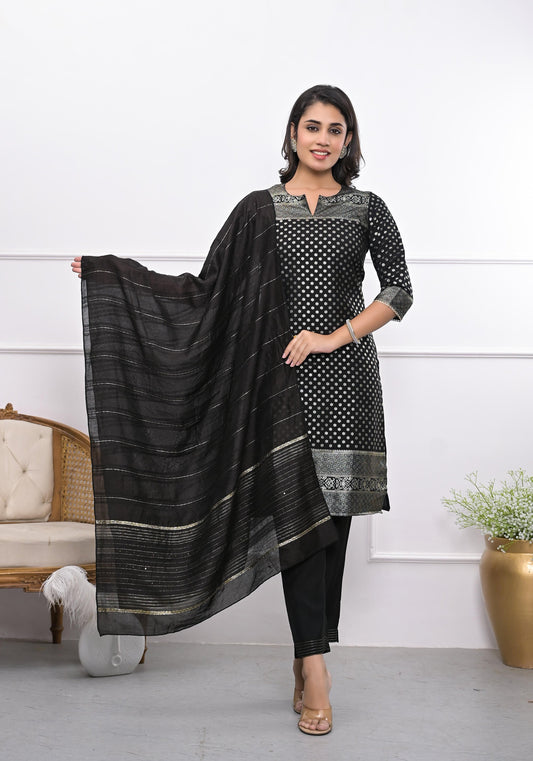 Juniper Women's Black Ethnic Motif Printed Silk Kurta Set With Zari Work