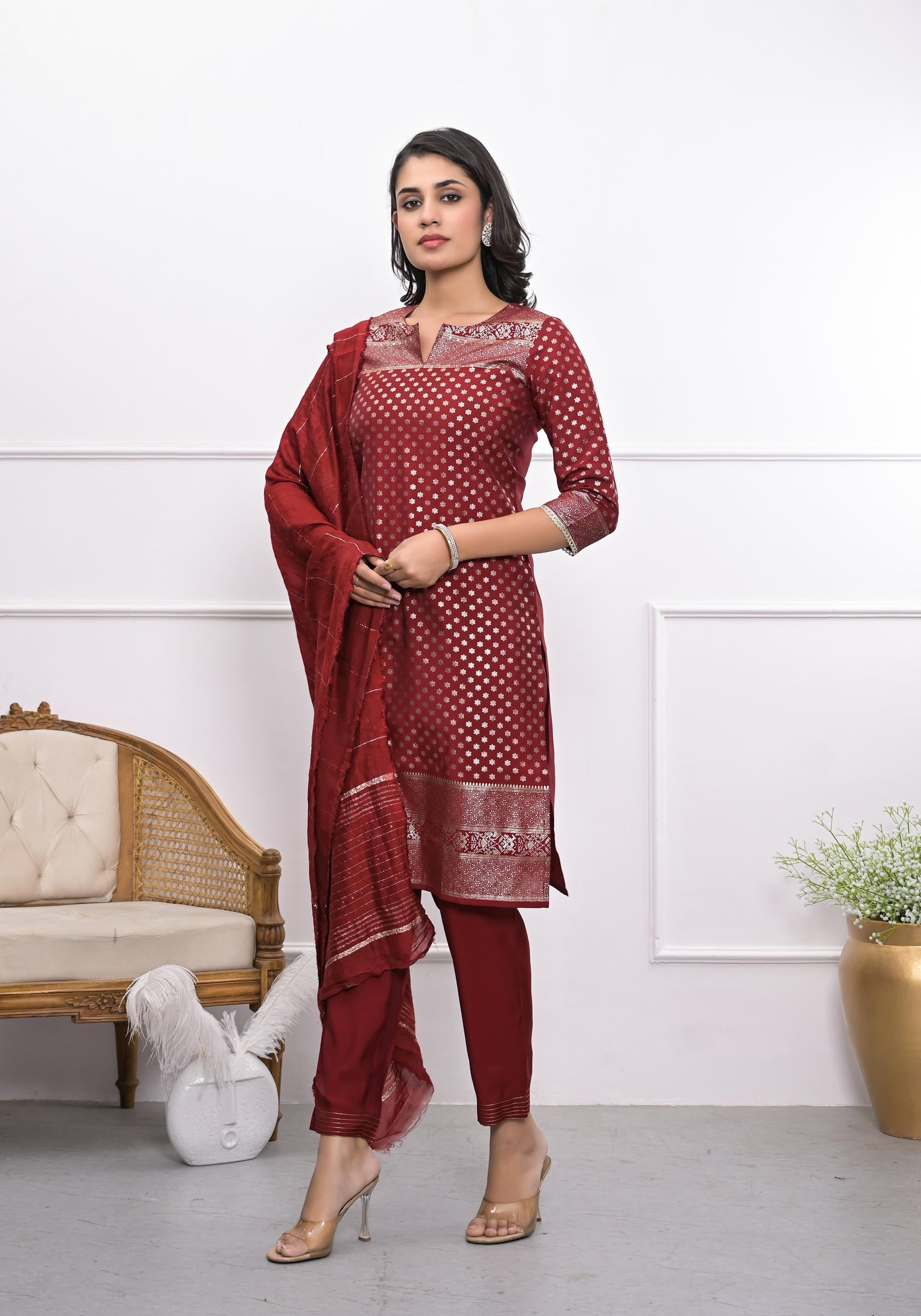 Juniper Women's Maroon Ethnic Motif Printed Silk Kurta Set With Zari Work