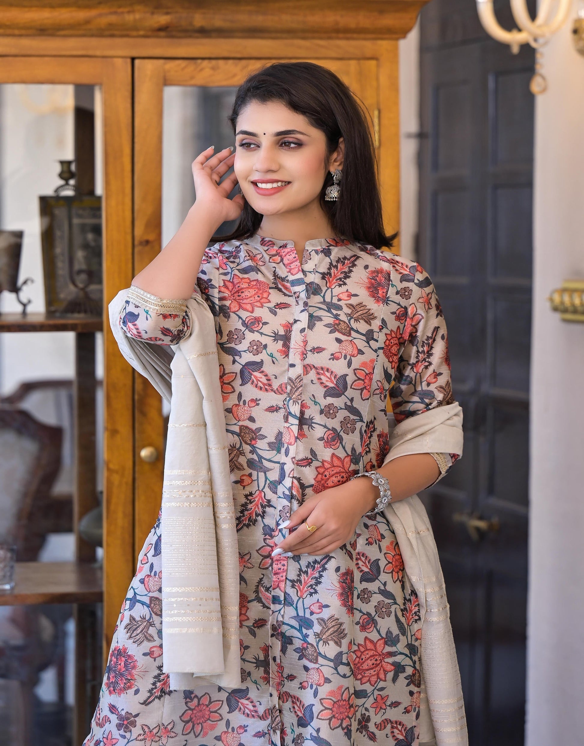 Juniper Women's Off White Floral Printed Silk Kurta Set With Sequins