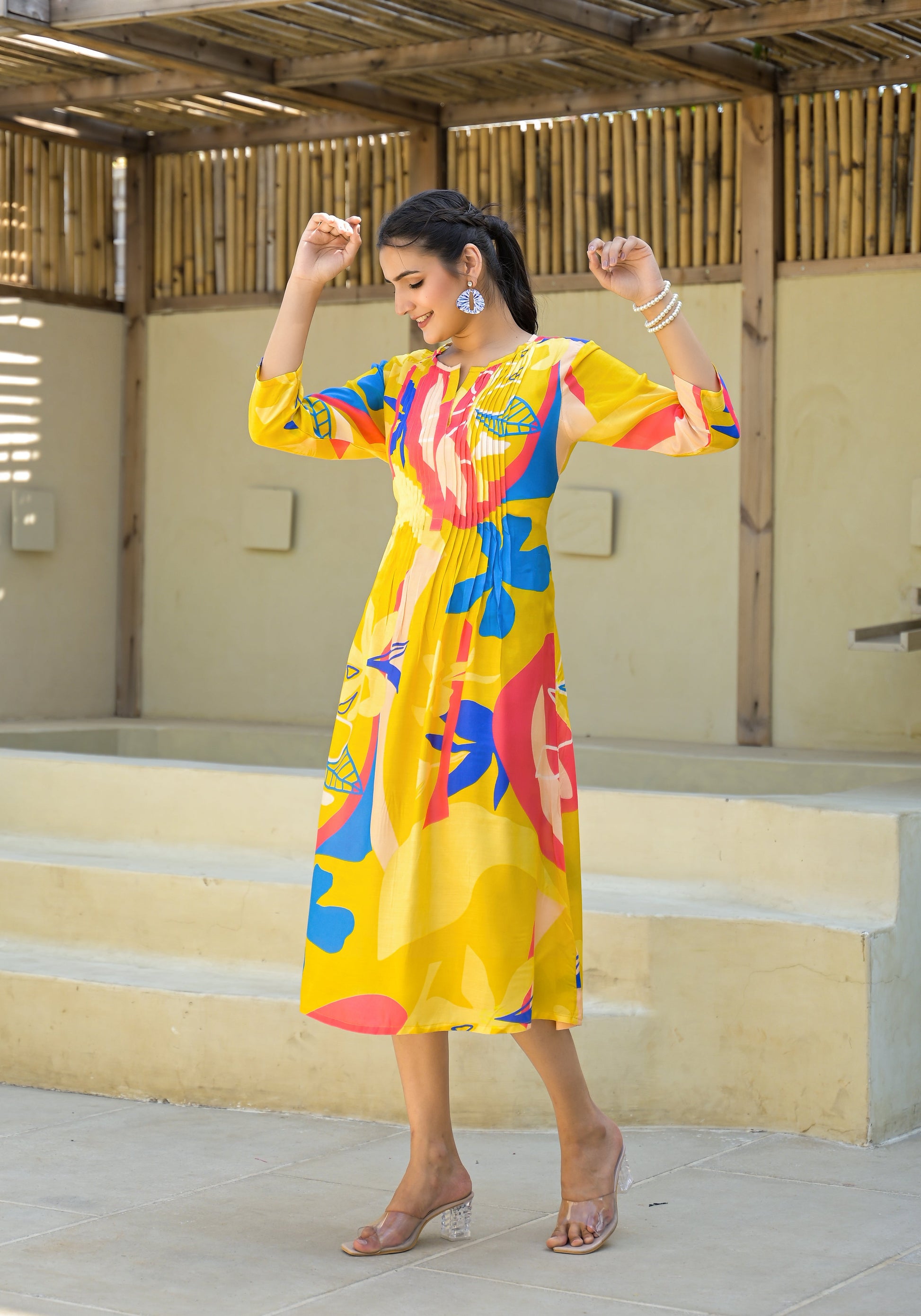 Juniper Women's Yellow Floral Printed Muslin A-Line Dres