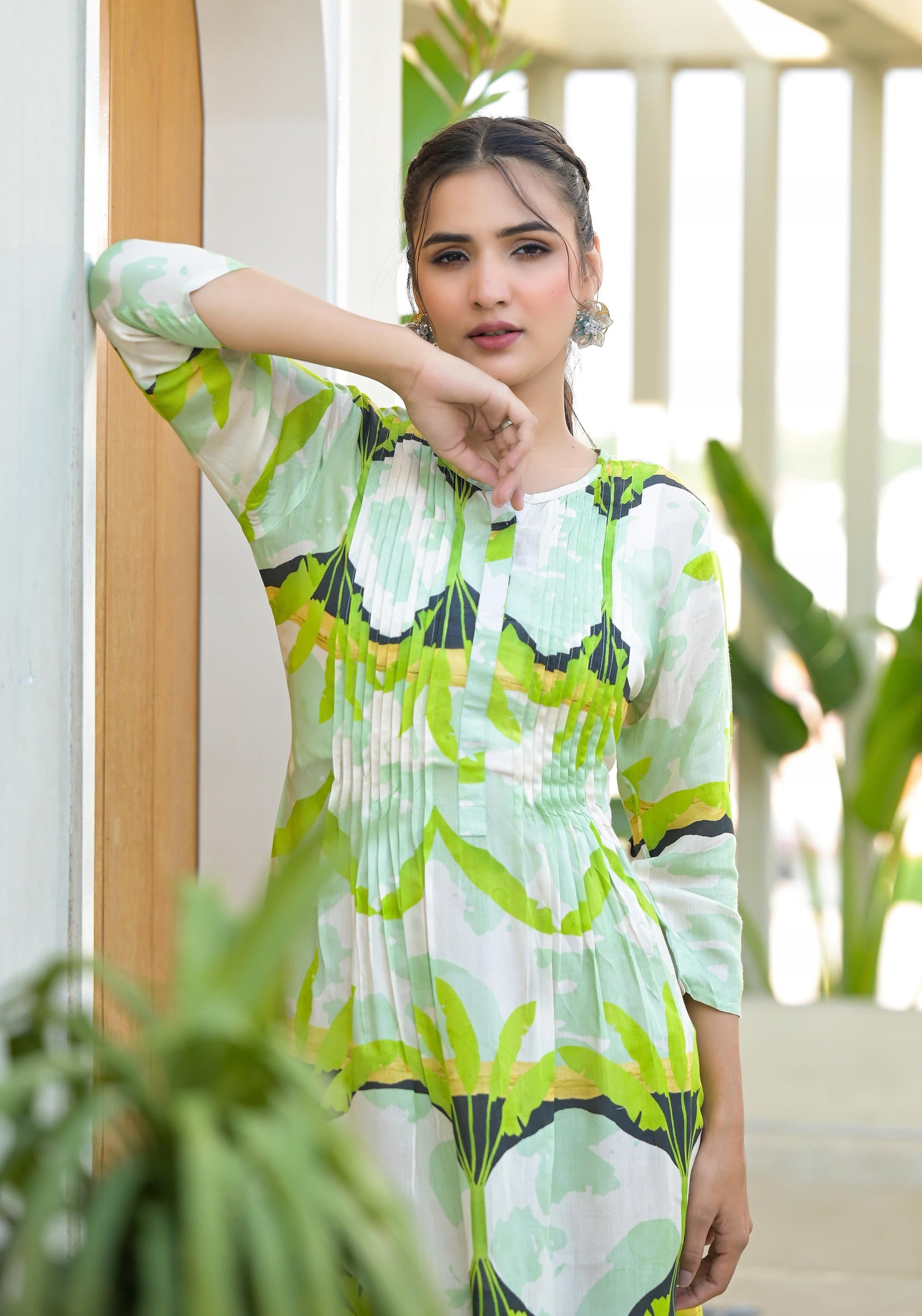 Juniper Green muslin boat neck knee length dress with ethnic print