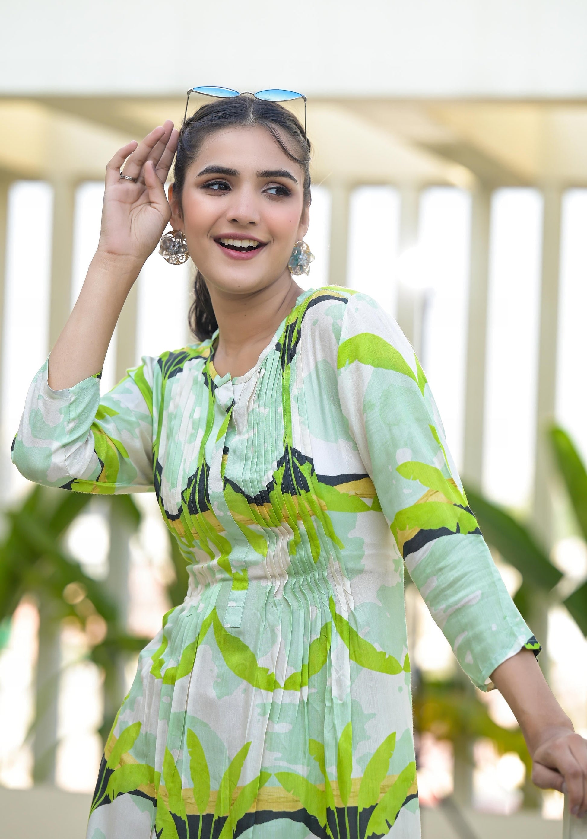 Juniper Green muslin boat neck knee length dress with ethnic print