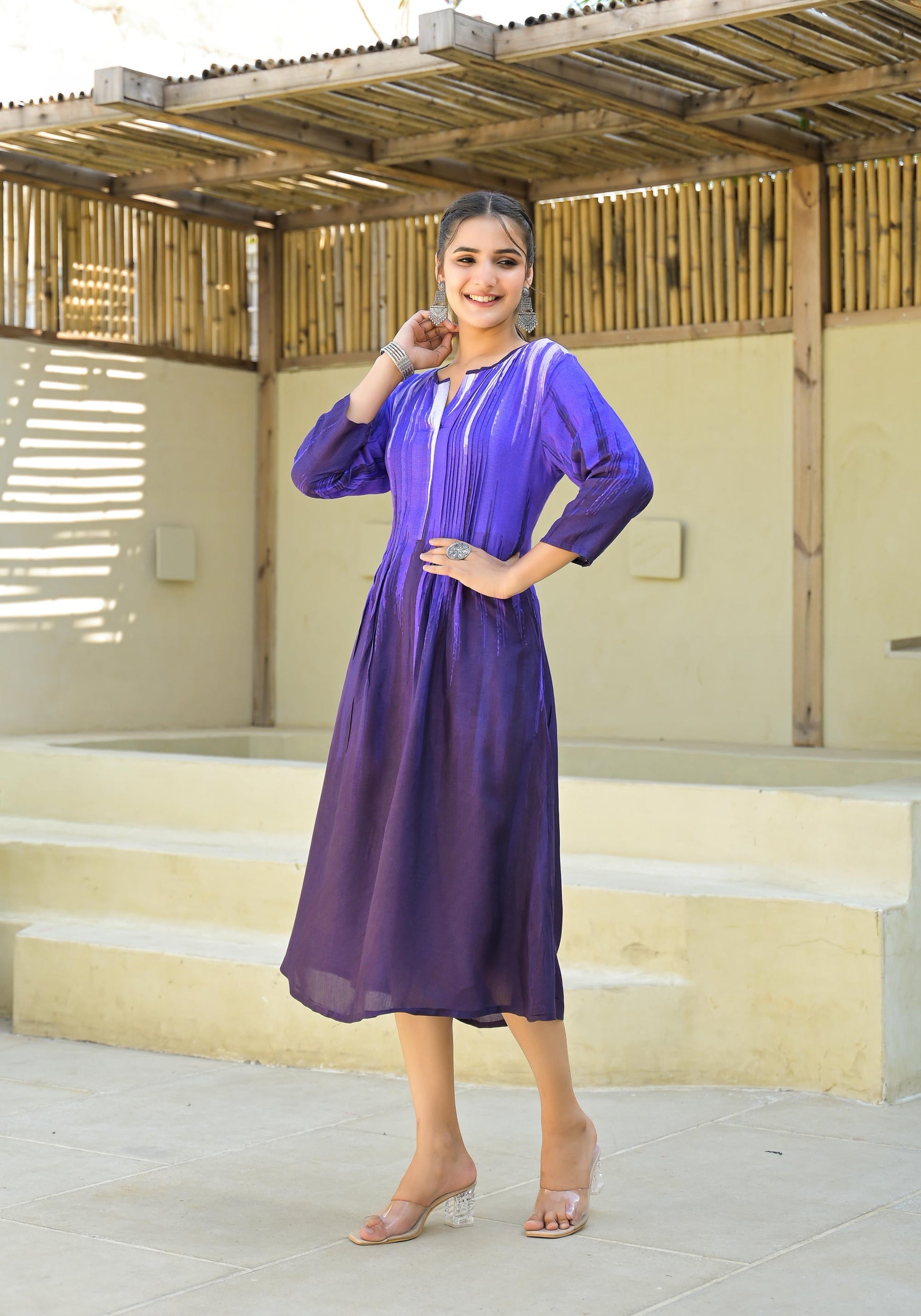 Juniper Purple women muslin dress with vibrant tie & dye print