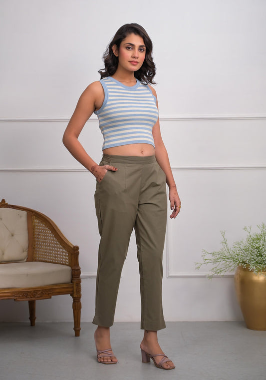 Juniper Charcoal Solid Cotton Pants With Partially Elasticated Waistband And Two Side Pockets