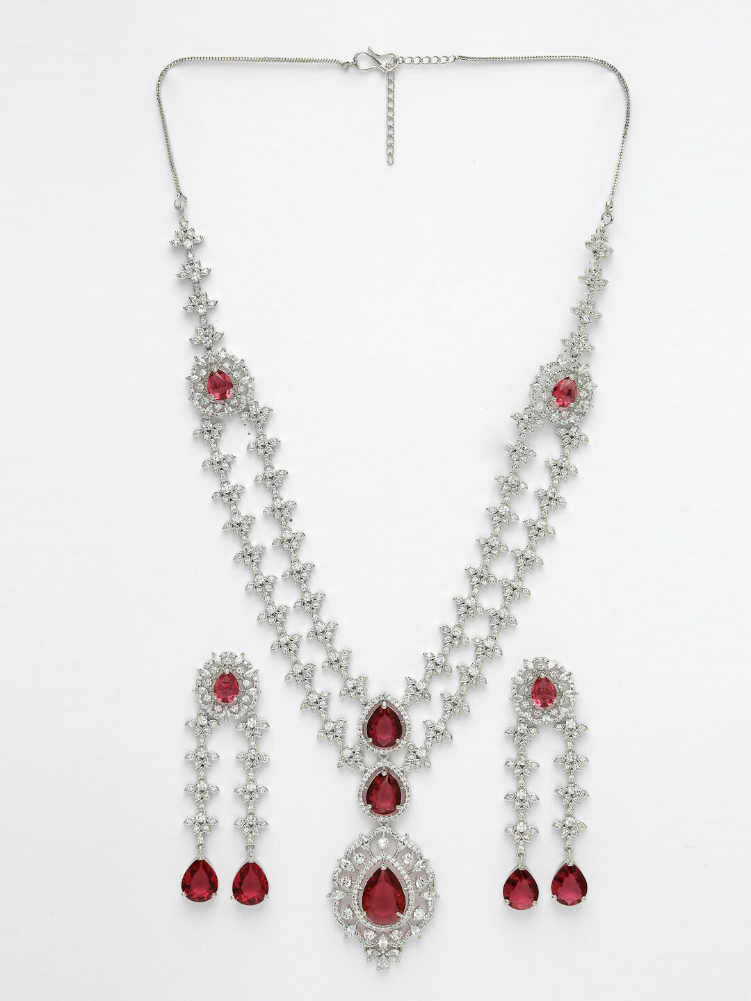 NVR Women's Silver-Plated Red CZ-Studded Handcrafted Jewellery Set - Grab2buy