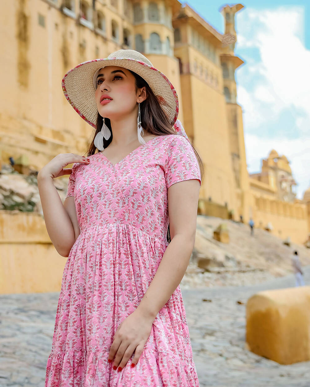 Designer Partywear Printed Pink Pure Maslin Gown - Anbazaar