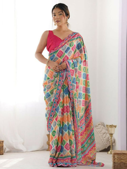 PR Fashion Multi Georgette Digital Print With Mirror Work Saree