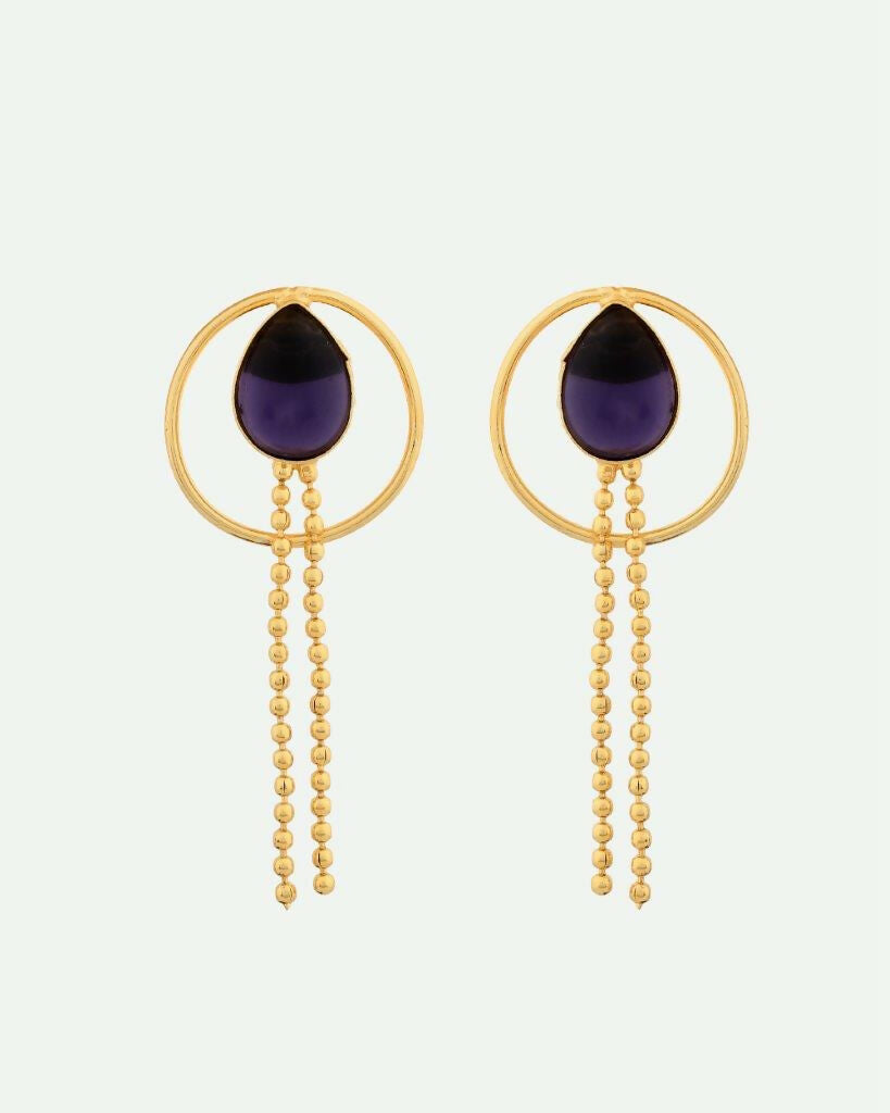 VOJ One Gram Gold-Polished Drop Shaped Black Stone Studded Earrings